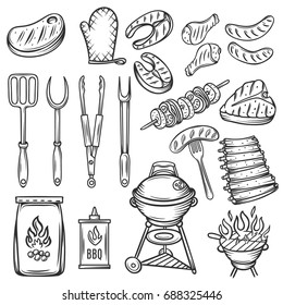 Vector Hand drawn barbecue icons set. Tongs, sausage, fish, grill and meat. Vintage sketch illustration.