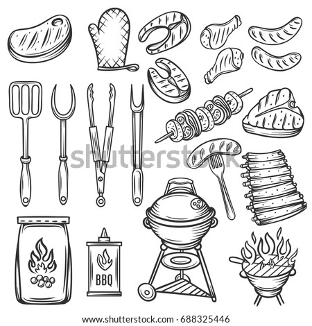 Vector Hand drawn barbecue icons set. Tongs, sausage, fish, grill and meat. Vintage sketch illustration.