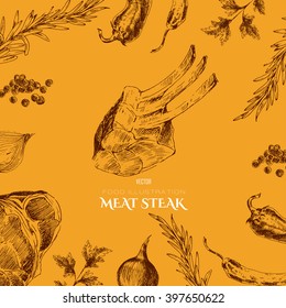 vector hand drawn barbecue restaurant menu designer template. sketch drawing grill meat menu