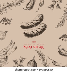 vector hand drawn barbecue restaurant menu designer template. sketch drawing grill meat menu