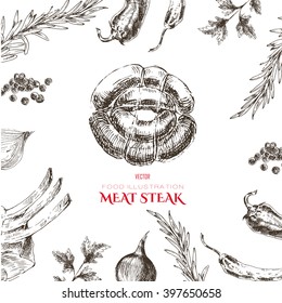 vector hand drawn barbecue restaurant menu designer template. sketch drawing grill meat menu