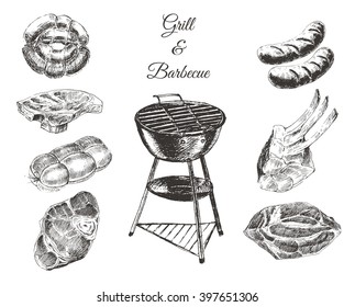vector hand drawn barbecue steak meat elements. summer holiday food illustration