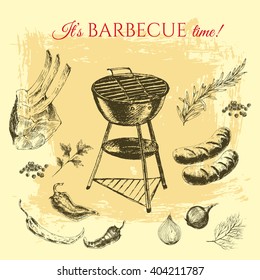 vector hand drawn barbecue steak meat elements. summer holiday food illustration