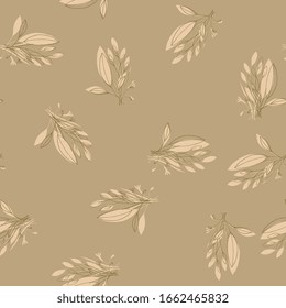 Vector hand drawn beach greenery seamless pattern with hawaii foliage, tropical palm plants and summer or spring leaf. Pastel, brown, green and yellow exotic nature art