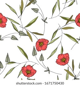 Vector hand drawn beach greenery seamless pattern with hawaii foliage, tropical palm plants and summer or spring leaf, pink flowers. Exotic nature art for fabric