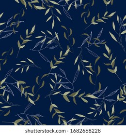 Vector hand drawn beach greenery seamless pattern with hawaii foliage, tropical palm plants and summer or spring leaf. Exotic nature art
