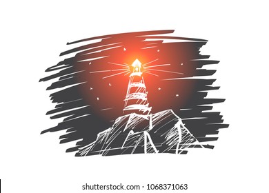 Vector hand drawn beacon concept sketch. Lighthouse on rocks shining during night time