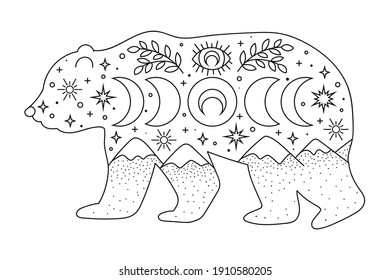 Vector hand drawn bear with boho elements for decoration. Bohemian clipart. Woodland animal 