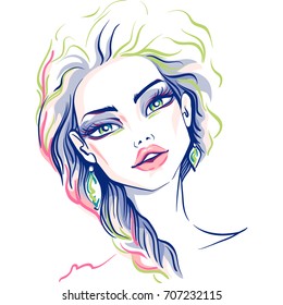 Vector hand drawn beautiful blond girl. Vector illustration. T-shirt print