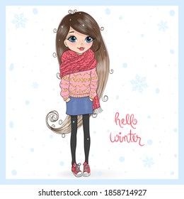 Vector hand drawn beautiful cute girl. Autumn winter season. Vector illustration.