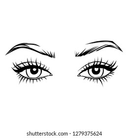 Vector Hand drawn beautiful female eyes with long black eyelashes and brows. Eyes close up. Makeup, beauty salon symbol. Black and white.