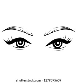 Vector Hand drawn beautiful female eyes with long black eyelashes and brows. Eyes close up. Makeup, beauty salon symbol. Black and white.