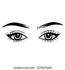 Vector Hand drawn beautiful female eyes with long black eyelashes and brows. Eyes close up. Makeup, beauty salon symbol. Black and white.