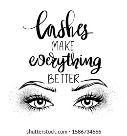 Vector Hand drawn beautiful female eye with long black eyelashes and brows. Eyes closeup. Makeup, beauty salon inspiration phrase about lashes.