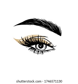 Vector Hand drawn beautiful female eye with long black eyelashes, golden eyeshadow and brows. Eyes close up. Makeup, beauty salon symbol, decorative cards.