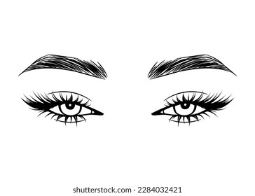 Vector Hand drawn beautiful female eyes with long black eyelashes and brows close up. Makeup, beauty salon symbol.