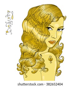 Vector hand drawn beautiful glamorous golden girl. Wavy long golden hair with a tattoo on his shoulder ornament heart, sight blue eyes, handwriting the beauty. On a white background