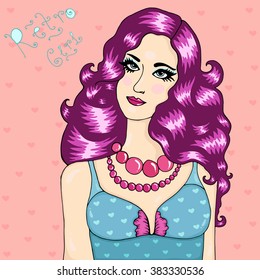 Vector hand drawn beautiful glamorous retro girl. Wavy long crimson hair, turquoise top body with print hearts, red beads, handwriting the retro girl. Pop art style. On a pink background with hearts