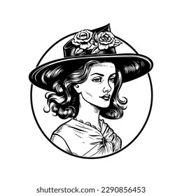 Vektorgrafik handgezeichnet schöne Dame auf Hut Portrait einzeln auf weißem Hintergrund. Illustration