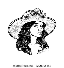 Vector hand drawn beautiful lady in hat portrait isolated on white background. illustration