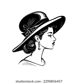 Vector hand drawn beautiful lady in hat portrait isolated on white background. illustration
