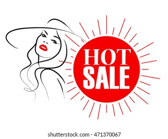 Vector hand drawn beautiful lady in hat portrait isolated on white background. Contour drawing. Black stroke. Fashion, beauty model. Young awesome woman silhouette. Advertisement design elements.