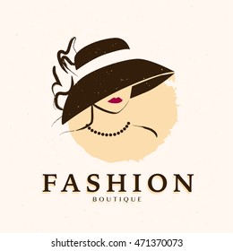 Vector hand drawn beautiful lady in hat portrait isolated on white background. Contour drawing. Black stroke. Fashion, beauty model. Young awesome woman silhouette. Advertisement design elements.