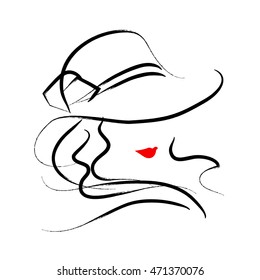 Vector hand drawn beautiful lady in hat portrait isolated on white background. Contour drawing. Black stroke. Fashion, beauty model. Young awesome woman silhouette. Advertisement design elements.