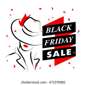 Vector hand drawn beautiful lady in hat portrait isolated on white background. Contour drawing. Black stroke. Fashion, beauty model. Young awesome woman silhouette. Advertisement design elements.