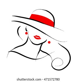 Vector hand drawn beautiful lady in hat portrait isolated on white background. Contour drawing. Black stroke. Fashion, beauty model. Young awesome woman silhouette. Advertisement design elements.