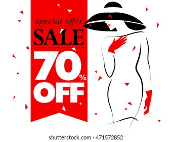 Vector hand drawn beautiful lady in hat portrait isolated on white background. Contour drawing. Black stroke. Fashion, beauty model. Young awesome woman silhouette. Advertisement design elements.