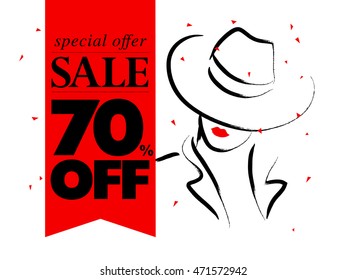 Vector hand drawn beautiful lady in hat portrait isolated on white background. Contour drawing. Black stroke. Fashion, beauty model. Young awesome woman silhouette. Advertisement design elements.