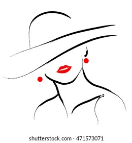 Vector hand drawn beautiful lady in hat portrait isolated on white background. Contour drawing. Black stroke. Fashion, beauty model. Young awesome woman silhouette. Advertisement design elements.