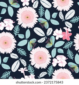Vector hand drawn beautiful pattern of decortive plumeria and gerbera flowers and leaves on dark background. 
