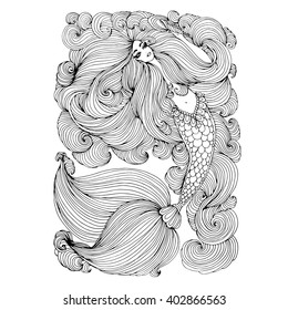 Vector hand drawn beautiful sea mermaid holding a shell. Mermaid with long hair curls intertwined, patterned scaly tail with long fins. Coloring page. On a white background