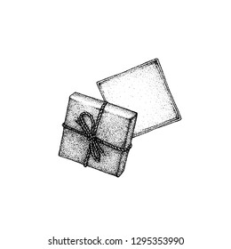 Vector Hand drawn beautiful vintage illustration of opened present box made with ink. Black and white version. Pointillism style. Isolated on white background. Top view