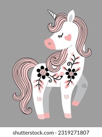 Vector hand drawn beautiful white unicorn with flowers and pink tail and mane