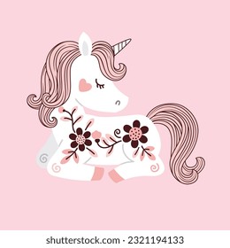 Vector hand drawn beautiful white unicorn with flowers and pink tail and mane