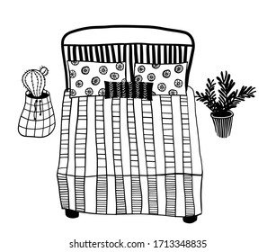 vector hand drawn bed with pillows and house plant in the pots