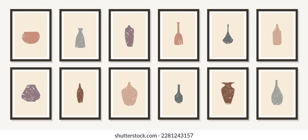 Vector hand drawn bedroom art prints. Textured trendy artistic Greek clay pots, vases, jugs, jars. Wall art collection. Neutral colors design elements, pottery illustrations. Vintage ceramic bottle se