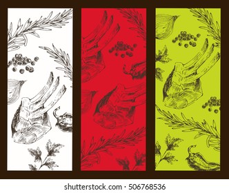 vector hand drawn beef steak restaurant menu designer template. sketch drawing grill meat menu