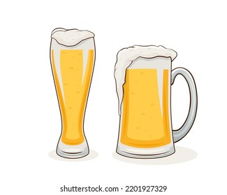 Vector Hand Drawn Beer Glass, Mug Set. Yellow Beer Drinks with a Lot of Foam