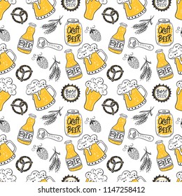 Vector hand drawn Beer seamless pattern. Beer brending elements isolated on white. 