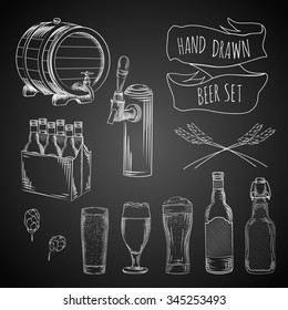 Vector hand drawn beer set - glasses, bottles, barrel, packaging-box, barley, hops on blackboard background