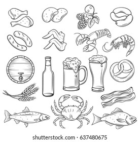 Vector hand drawn beer and snack icons set. Decorative retro style collection for pub market label.