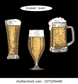 Vector hand drawn of beers on black background.