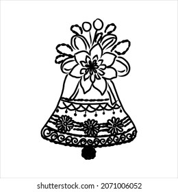 Vector hand drawn bells with bow. Black sketch on white background.