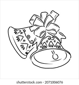 Vector hand drawn bells with bow. Black sketch on white background.