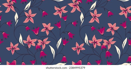 Vector hand drawn bells flower branches and leaves intertwined in a seamless pattern. Creative art is simple, floral on a dark turquoise background. Template for design, fabric, fashion, wallpaper