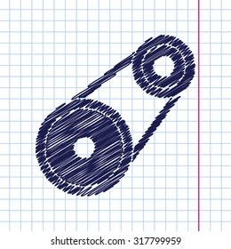 Vector hand drawn belt drive icon on copybook 